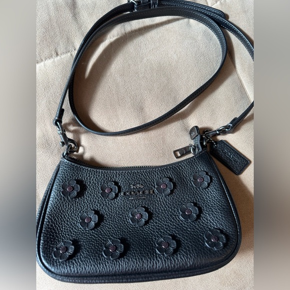 Coach Handbags - Coach Mini Teri Black Floral Appliqué Pebbled Leather Crossbody